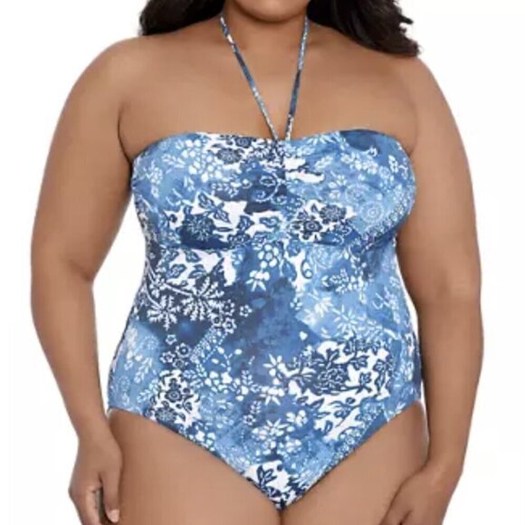 LAUREN RALPH LAUREN Women 18W Blue Multi Bandeau Halter One Piece Swimsuit - Picture 1 of 14